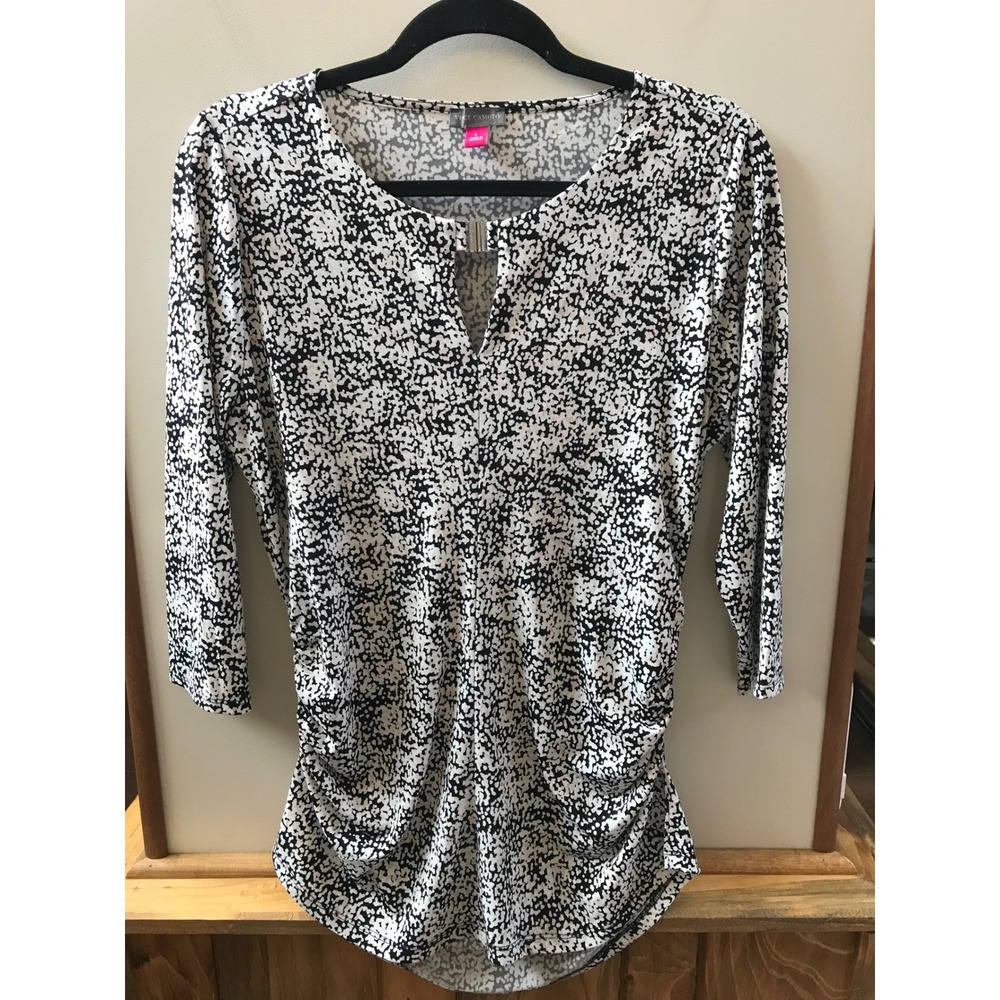 Vince Camuto Blouse Womens Large Black White Ruched Keyhole Top